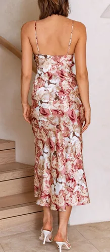 Vista 3 de Vestido de satén para mujer, tirantes delgados, cuello holgado, espalda descubierta, formal y largo por debajo de la rodilla para fiesta, boda