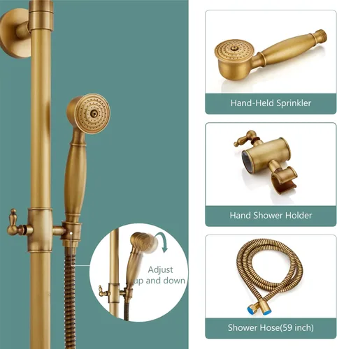 Vista 6 de Sistema de ducha de tubo expuesto de doble función, redondo, cabezal de ducha de lluvia de 8 pulgadas, juego combinado de accesorios de latón