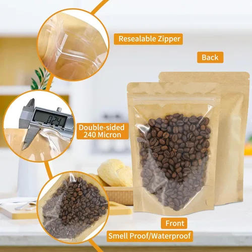 Vista 3 de 100 PCS bolsas resellables, bolsas de papel kraft de pie con ventana frontal transparente, bolsas de almacenamiento de alimentos con cierre