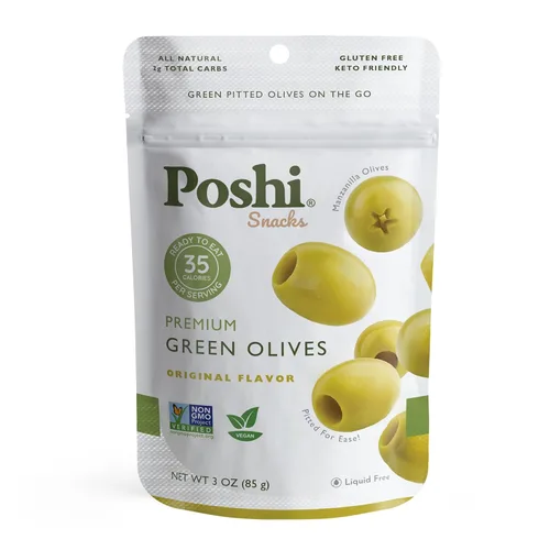 Vista 12 de Poshi Olives + Veggies Variedad de aceitunas enteras sin hueso de 4 sabores Poshi 4 sabores Vegano, Kosher, sin gluten + Snacks saludables