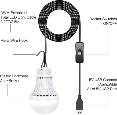 Vista 7 de Paquete de 2 bombillas de luz USB, linterna de luz LED USB para acampar, luz de tienda con cable de 8.2 pies de longitud extra y cable USB en Y