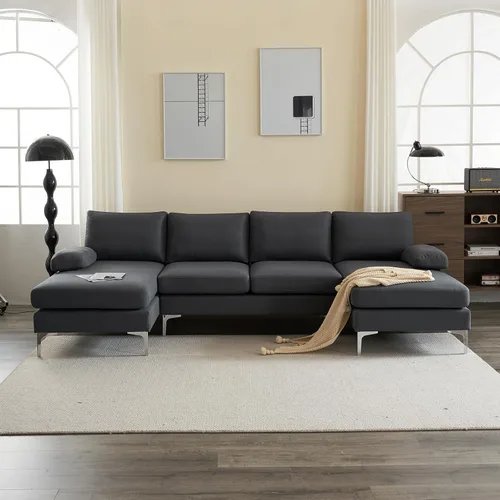 Vista 4 de Karl home - Sofá seccional de 110 pulgadas en forma de U, 4 asientos, color gris Double Chaise, Linen Fabric Upholstered, Metal Legs, Room