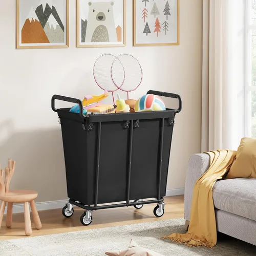 Vista 7 de Cesta de lavandería con ruedas, cesta de lavandería mediana de 250 litros para almacenamiento de ropa, carrito de lavandería resistente con asa Negro