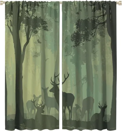 Vista 51 de Cortinas opacas con diseño de ciervos, bosque brumoso, rústico, vida silvestre, alce, montaña, pájaros, pino, bosque, cortinas de ventana