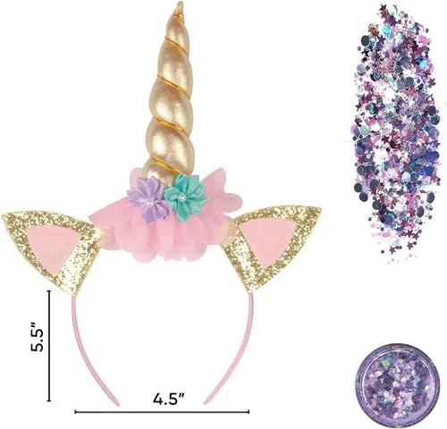 Vista 7 de Funcredible Diadema de unicornio con purpurina gruesa, diadema de cuerno de unicornio y purpurina gruesa, accesorios de disfraz de pony pequeño