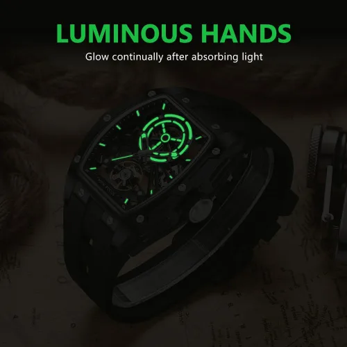 Vista 5 de AIMES Tonneau - Reloj automático para hombre, reloj de esqueleto de lujo para hombre, cuerda mecánica automática, impermeable, analógico, reloj