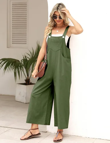 Vista 3 de APAFES Overol con peto de algodón y lino para mujer, holgado, sin mangas, ajustable, pierna ancha, monos de una pieza