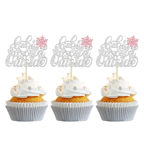 Vista 11 de Gyufise 24 piezas de copos de nieve Oh Baby Cupcake Toppers Glitter Winter Frozen Baby Shower Cupcake Picks para invierno, país de las maravillas
