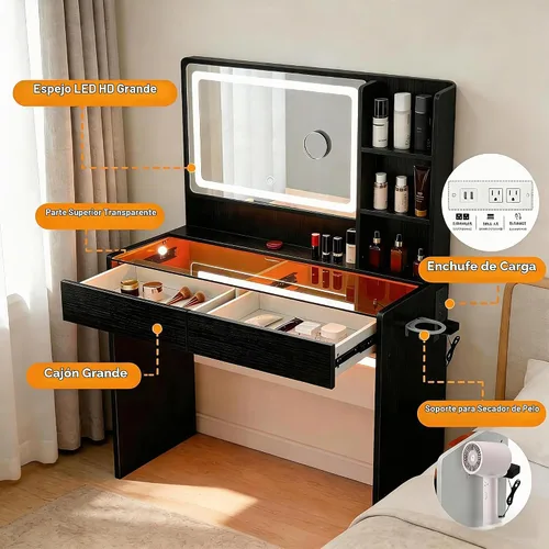 Vista 3 de Escritorio de tocador con espejo y luces, mesa de tocador de maquillaje con parte superior de cristal, tira de luz RGB, brillo ajustable, 2 cajones