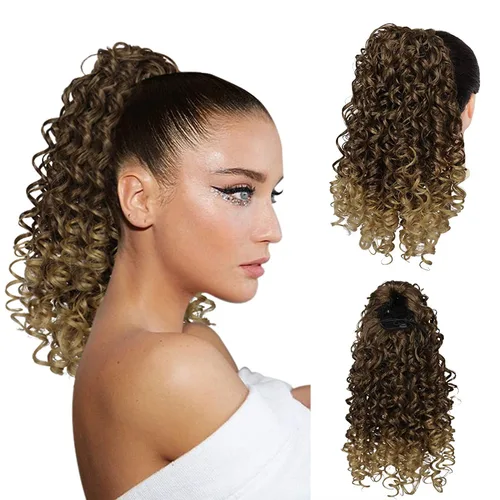 Vista 9 de PEACOCO Extensión de cola de caballo rizada con cordón para mujeres negras - Cola de caballo de 6 pulgadas con clip, postizo sintético de afro corto