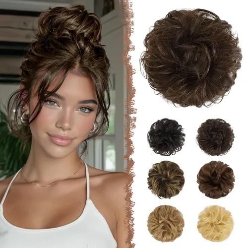 Vista 10 de FESHFEN - Extensiones de moño desordenado humano 100% cabello real, piezas de cabello rizado, extensiones de cola de caballo, cabello ondulado