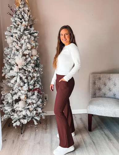 Vista 4 de PINSPARK Pantalones de yoga acampanados para mujer, leggings acanalados con corte de bota, cintura alta, pantalones de entrenamiento con bolsillos