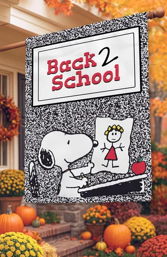 Vista 3 de Flagology, PEANUTS®, PEANUTS® Back 2 School Composition Snoopy - Bandera de casa 28" x 40", con licencia oficial de PEANUTS®, regreso a clases