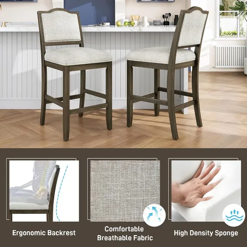 Vista 6 de Juego de 2 taburetes de bar de altura de mostrador, sillas de comedor rústicas con marco de madera de goma, respaldo ergonómico para isla de cocina