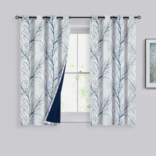 Vista 10 de FMFUNCTEX Cortinas 100% opacas para dormitorio, cortinas de ramas de árbol blanco y negro de 54 pulgadas de largo para sala de estar, cortinas