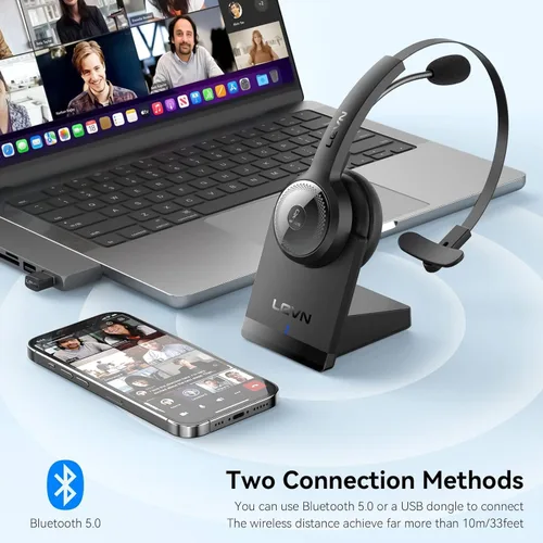 Vista 6 de LEVN Auriculares Bluetooth 5.0, auriculares inalámbricos con micrófono (cancelación de ruido AI), auriculares Bluetooth de 35 horas con dongle USB
