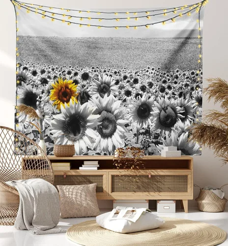 Vista 7 de Lunarable Tapiz moderno, campo de girasol, blanco y negro, una sola flor amarilla, paisaje, individualidad, decoración de tela para colgar