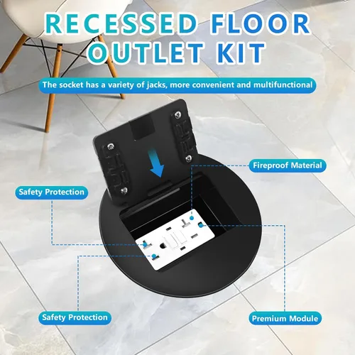 Vista 4 de Kit de Enchufe Circular Empotrado en Piso con 2* 20 Amperios de Acero Inoxidable GFCI, Receptáculo a Prueba de Manipulaciones, Hardware Resistente a