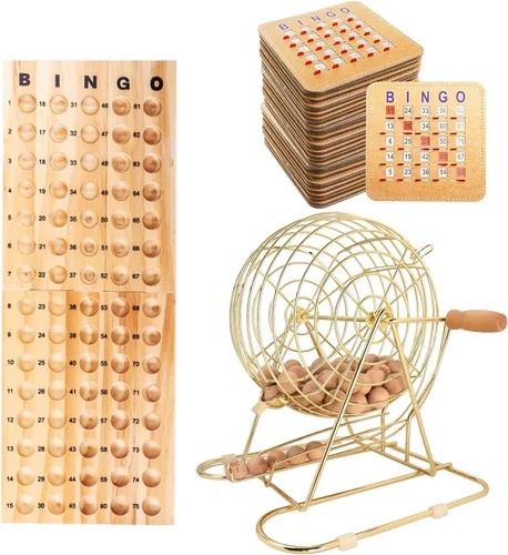 Vista 7 de GSE Deluxe Juego de Bingo Juego de Bingo, jaula grande de latón, 10 tarjetas de bingo con obturador Shutter Slide Bingo Cards, Wood Master Board &