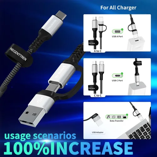 Vista 2 de Cable USB C a C 2 en 1 de 100 W (6 pies, paquete de 2), cable de carga rápida 5A tipo A a C, cable de carga USB C trenzado de nailon para iPhone 16