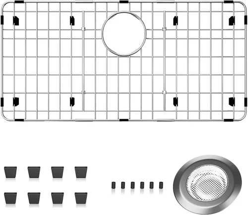 Vista 17 de Paquete de 2 rejillas de metal dorado para fregadero de cocina, 13"L X 11.6"W, protectores de fregadero de acero inoxidable con orificio de drenaje