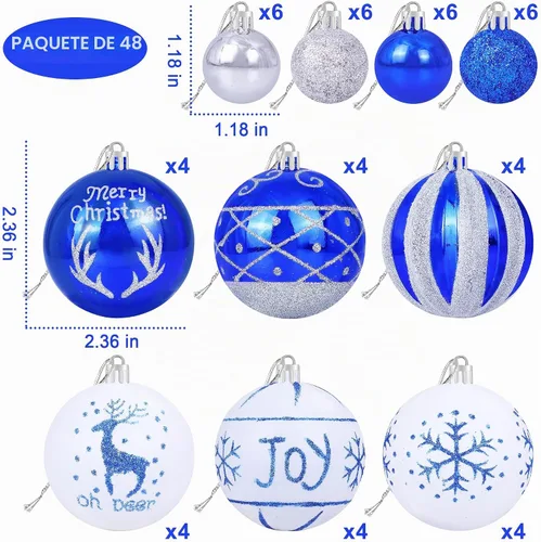Vista 2 de 48 adornos de bolas de Navidad azul real y plateado para decoración de árbol de Navidad/Hanukkah judío – 10 estilos de adornos de bolas de Navidad