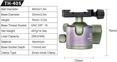 Vista 7 de Sunwayfoto TH-40S - Cabezal de bola de alta resistencia de bloqueo de perfil bajo de 1.575 in para trípode compatible con Arca