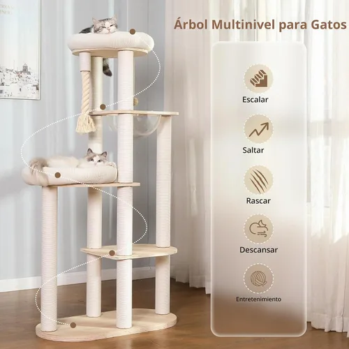 Vista 5 de Árbol moderno para gatos de 59 pulgadas, torre grande de varios niveles, árbol de madera resistente para gatos con hamaca, poste rascador de algodón