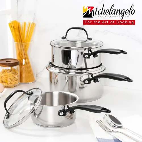Vista 8 de MICHELANGELO Cacerola de acero inoxidable de tres capas con tapa, 6 unidades, sartenes de acero inoxidable con mango frío, juego de 6 ollas