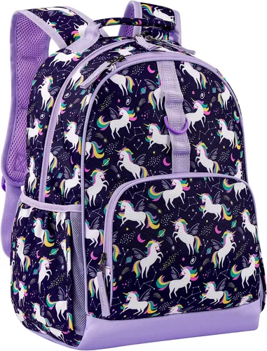 Vista 5 de Choco Mocha Mochila de escuela primaria de 17 pulgadas para niños, Unicornio espacial, morado