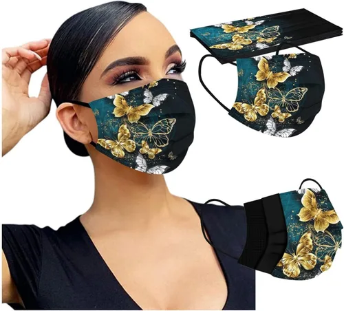 Vista 3 de 50 cubrebocas desechables de mariposa para mujeres, 3 capas para adultos, máscara de mariposa negra con diseño floral, máscara facial a la moda