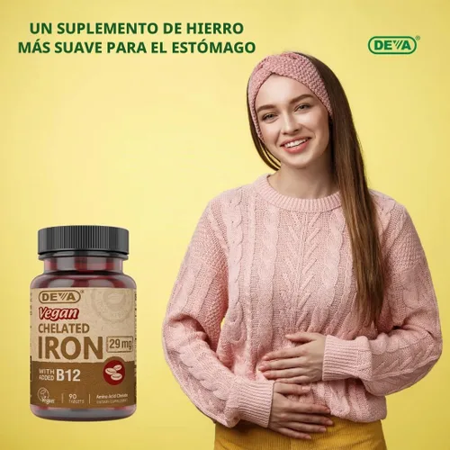 Vista 5 de Deva Nutrition Hierro quelado vegano 29 mg fortificado con B-12 - Alta potencia, fácil de tragar - 90 tabletas, 1 paquete