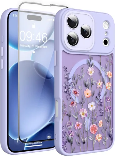 Vista 21 de Magnético para iPhone 13 con protector de pantalla [Compatible con MagSafe] Diseño de patrón floral de flores bonitas, funda delgada a prueba