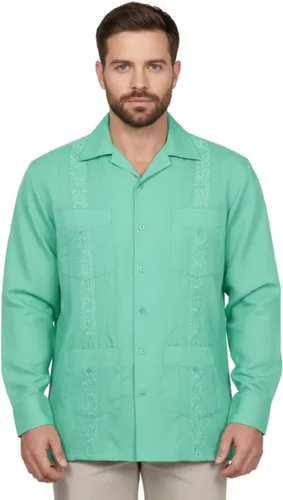 Vista 21 de NE PEOPLE Camisa de manga larga bordada con botones de guayabera cubana para hombre (S-4XL)