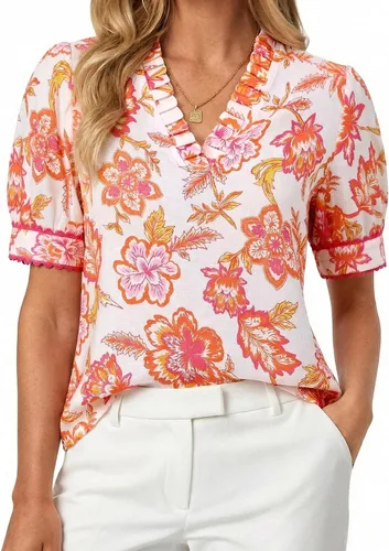 Vista 7 de GRACE KARIN Blusas florales bohemias para mujer, camisas casuales de verano de manga corta abombada, blusa de trabajo de vacaciones con cuello en V