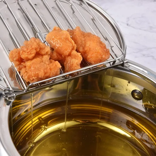 Vista 4 de Prodent Olla para freidora, olla de acero inoxidable de 3.4 L, con termómetro, olla de tempura con tapa de rejilla de goteo de aceite, freidora