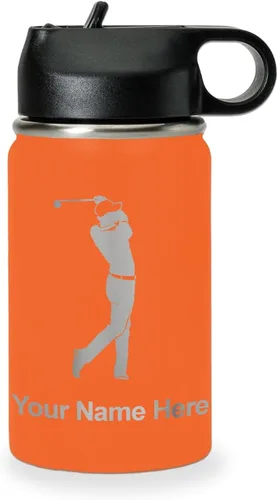 Vista 59 de LaserGram Botella de agua personalizada, golfista de golf, acero inoxidable de doble pared aislada al vacío con popote superior, regalo grabado Negro