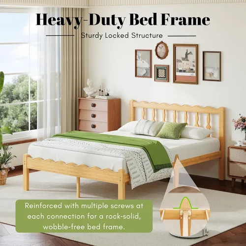 Vista 2 de Marco de cama matrimonial de bambú con cabecero, plataforma de madera maciza de 12 pulgadas, marcos de cama tamaño matrimonial con listones