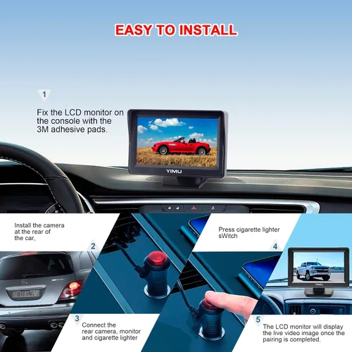 Vista 2 de Sistema de cámara de respaldo YIMU con cámara de respaldo de matrícula y reversa, fácil instalación, plug & play, líneas guía DIY, ángulo amplio