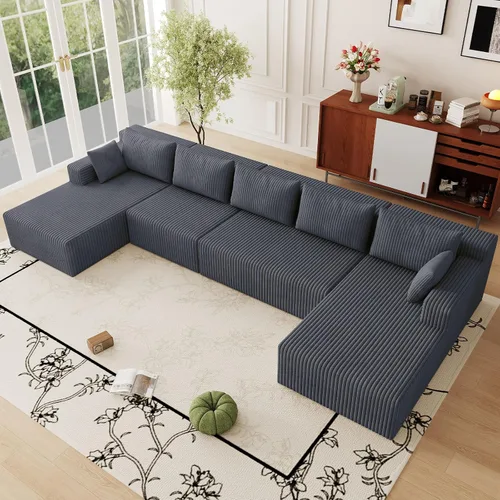 Vista 14 de Sofá modular Cloud de 95 pulgadas con otomana, moderno sofá nube en forma de U con asiento profundo, cómodo sofá de pana de 3 plazas, sofá de espuma