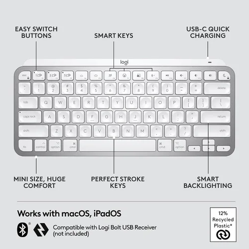 Vista 7 de Logitech MX Keys Mini - Teclado inalámbrico minimalista para Mac, compacto, Bluetooth, teclas retroiluminadas, USB-C, escritura táctil, compatible