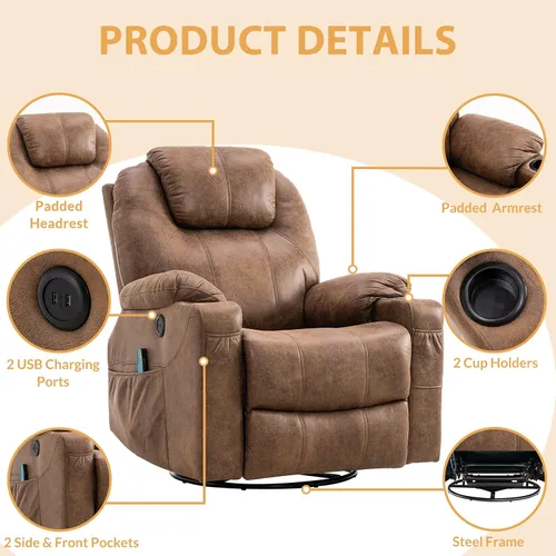Vista 4 de Silla reclinable giratoria – Mecedora manual mecedora con masaje térmico ergonómico con 4 bolsillos, portavasos, puertos USB, control remoto (marrón)