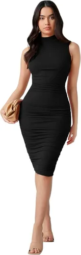Vista 4 de SheIn Vestido ajustado fruncido sin mangas con cuello alto falso para mujer