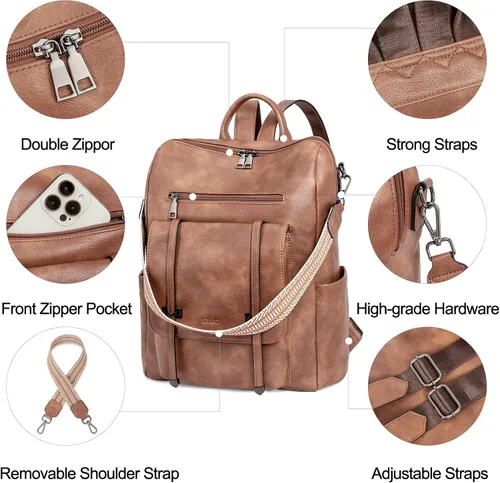 Vista 5 de CLUCI Mochila de cuero para mujer, mochila grande de viaje, a la moda, convertible, diseñador, trabajo, bolsos de hombro, 1 Marrón, Mochilas Daypack
