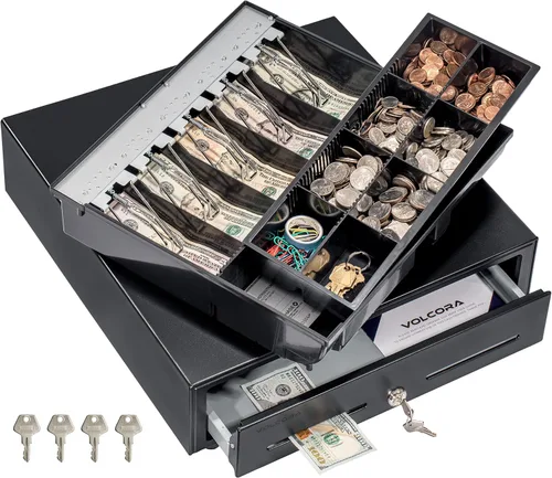 Vista 8 de Volcora Cajón de caja registradora de 13 pulgadas para sistema de punto de venta (POS) con bandeja de efectivo de 2 niveles totalmente extraíble, 4