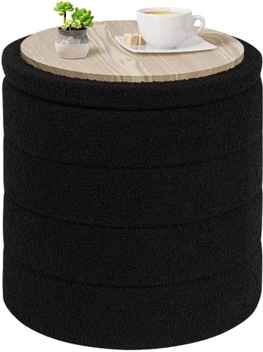 Vista 15 de PINPLUS Otomana de Almacenamiento Redonda Reposapiés Taburete con Bandeja de Terciopelo Sherpa Otomana de Almacenamiento Plegable, Reposapiés Boucle