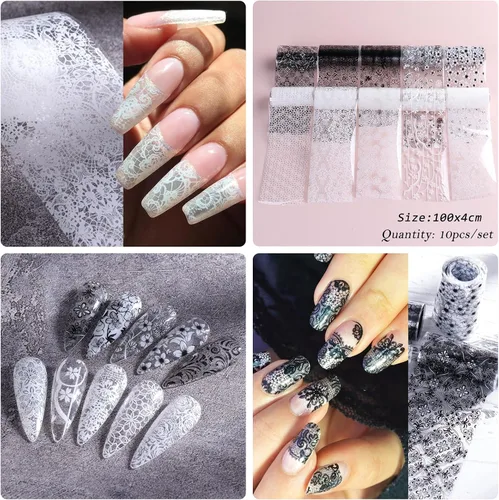 Vista 3 de 10 rollos de calcomanías de transferencia de papel de uñas de flores blancas y negras con patrón de flores de encaje pegatinas de transferencia