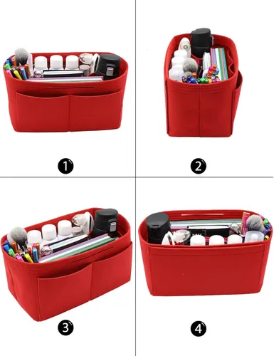Vista 3 de Organizador de fieltro para bolso, bolsillo con cremallera y dos soportes extraíbles para botellas, Beige, rojo, negro, gris, café, rosa iluminado