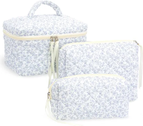 Vista 25 de Quilted Makeup Bag for Women, Travel Cosmetic&Toiletry Bag,Blue Flower