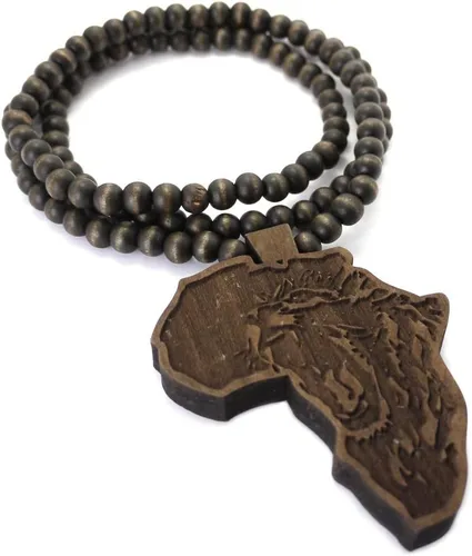 Vista 2 de Collar de cadena de cuentas de madera africana con mapa de África para hombre